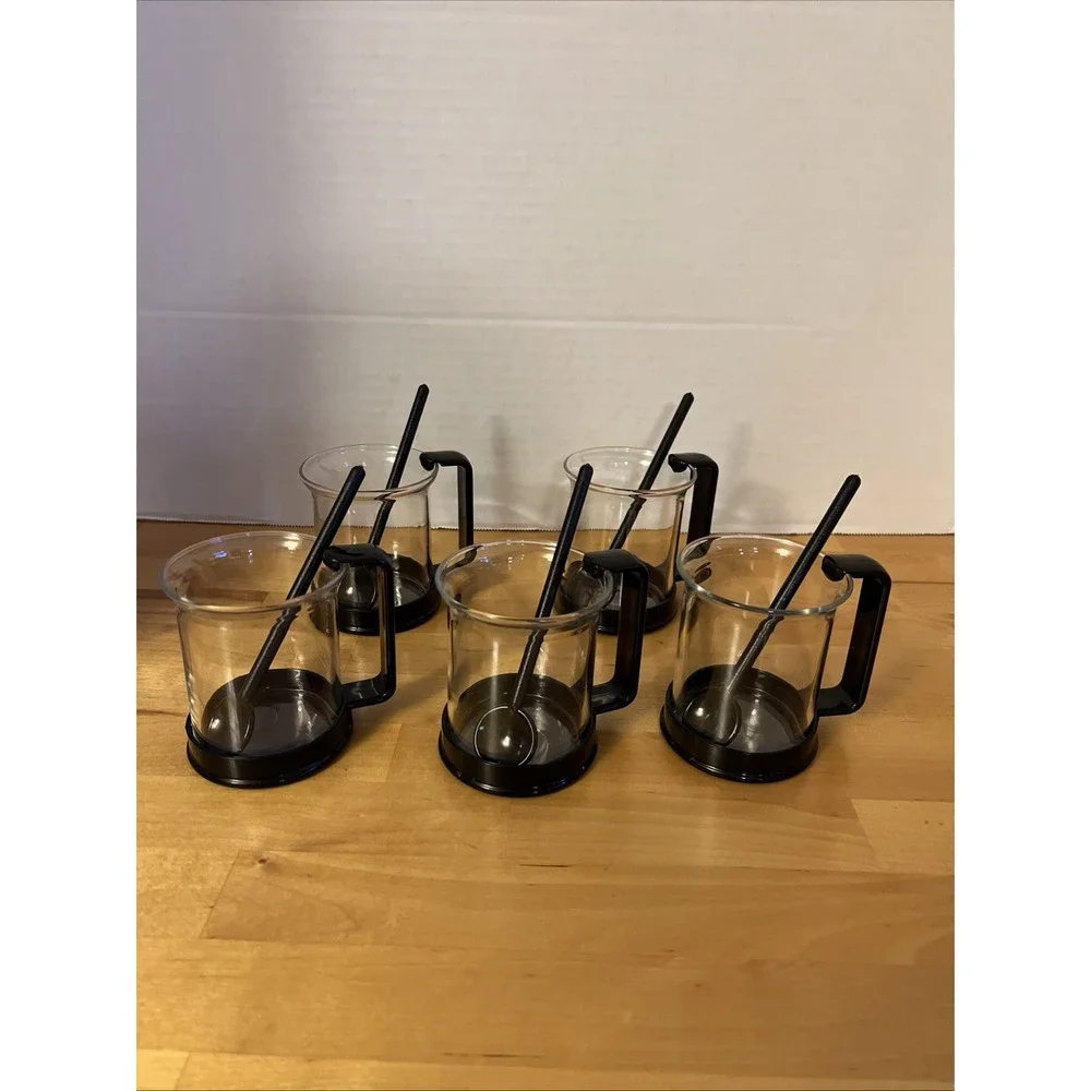 5 bodum Glass Black Handle Mug Coffee Tea Switzerland Snap-On Handle With Spoons